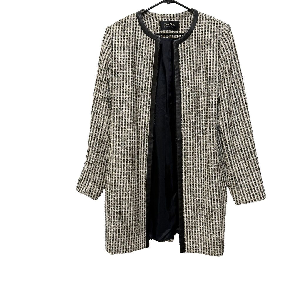 Dana Buchman Tweed Coat Jacket Size 14 Wool Blend Black Cream Leather Trim